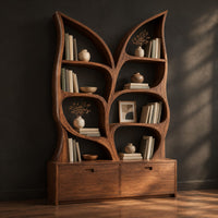 Tall twin leaf bookshelf with branch shaped shelves above a low cabinet, three-quarter view showing the grain