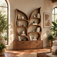 Tall twin leaf bookshelf with branch shaped shelves above a low cabinet in a bright living room with arched windows and plants