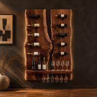 Twin live edge slab wine rack with angled pegs and a bottom shelf in a dark studio against a charcoal plaster wall