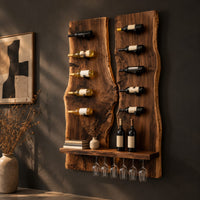 Twin live edge slab wine rack with angled pegs and a bottom shelf, three-quarter view showing the grain