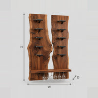 Twin Live Edge Slab Wine Rack With Angled Pegs And Glass Rail dimension diagram with width, height and depth