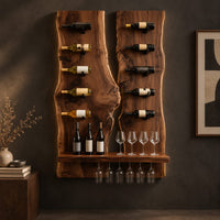 Corner detail of twin live edge slab wine rack with angled pegs and a bottom shelf beside wood, brass and linen samples