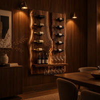 Twin live edge slab wine rack with angled pegs and a bottom shelf in an evening dining room with walnut wall paneling
