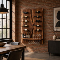 Twin live edge slab wine rack with angled pegs and a bottom shelf in an industrial loft dining room with exposed brick