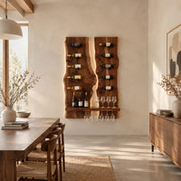 Twin live edge slab wine rack with angled pegs and a bottom shelf in a bright open plan dining room