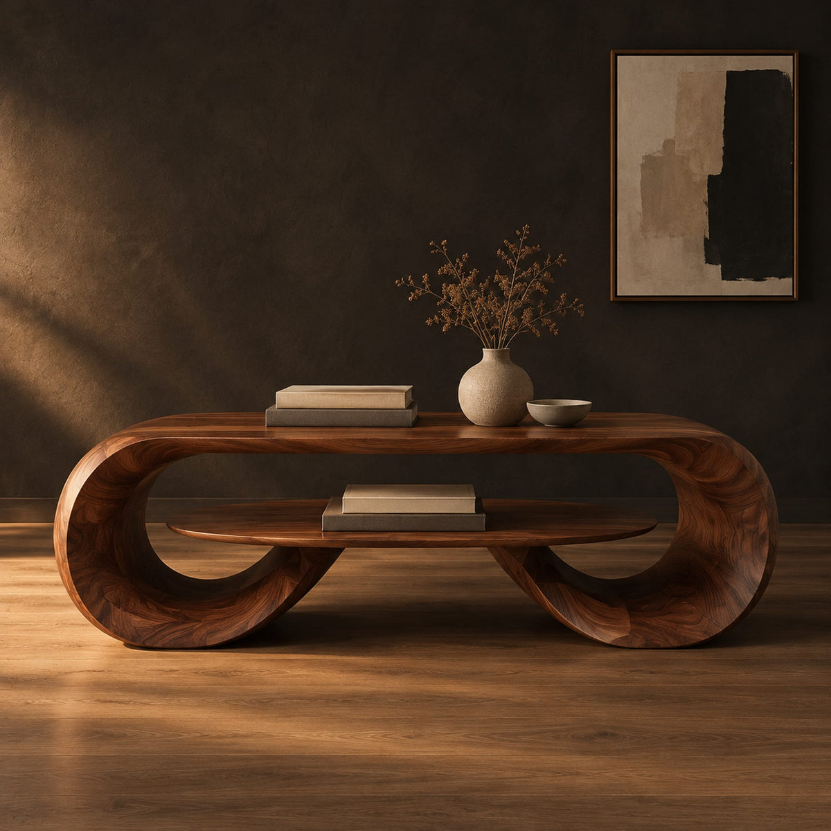 Coffee table with a rectangular top, looped ends and an oval shelf between them in a dark studio against a charcoal plaster wall