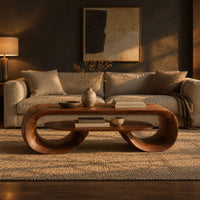 Coffee table with a rectangular top, looped ends and an oval shelf between them in a dark living room at golden hour