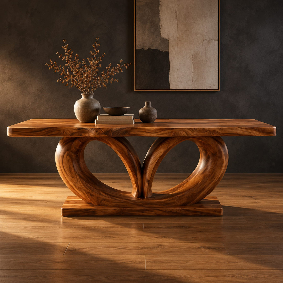 Rectangular dining table on a base of two large open loops in a dark studio against a charcoal plaster wall