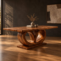 Rectangular dining table on a base of two large open loops, three-quarter view showing the grain