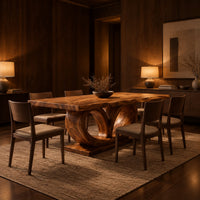 Rectangular dining table on a base of two large open loops in an evening dining room with walnut wall paneling