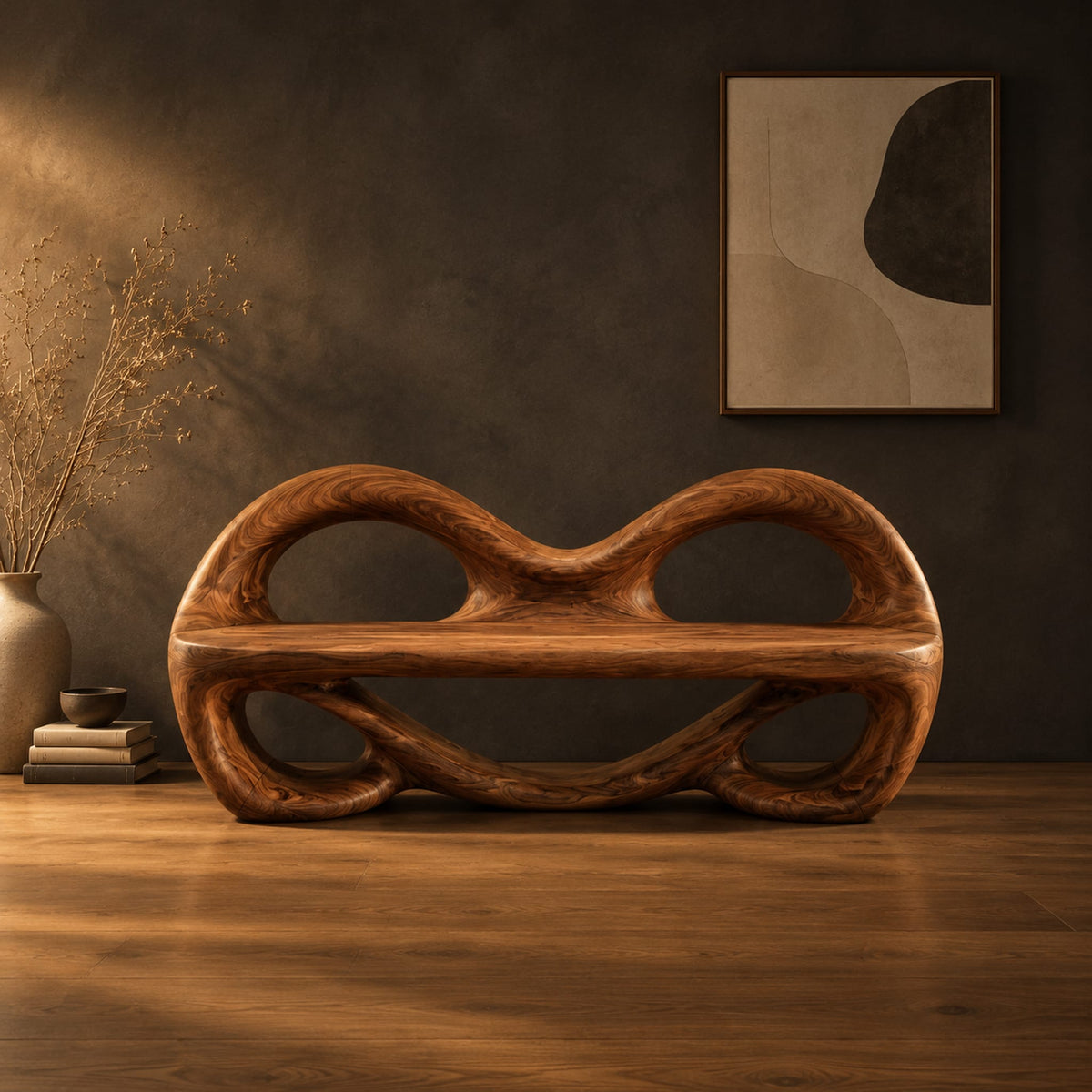 Wood bench with two looped openings above a flat plank seat in a dark studio against a charcoal plaster wall