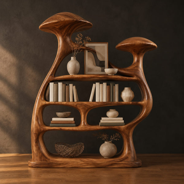 Twin Mushroom Cap Bookshelf With Flowing Tiers Of Open Shelves