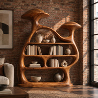 Wide sculptural bookshelf with two mushroom caps and tiers of open shelves in an industrial loft living room with exposed brick