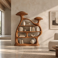 Wide sculptural bookshelf with two mushroom caps and tiers of open shelves in a bright open plan living room