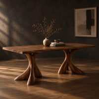 Rectangular dining table on two flared twisting pedestal bases, three-quarter view showing the grain