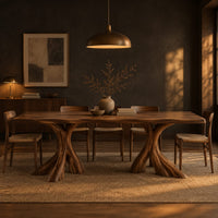 Rectangular dining table on two flared twisting pedestal bases in a dark dining room at golden hour