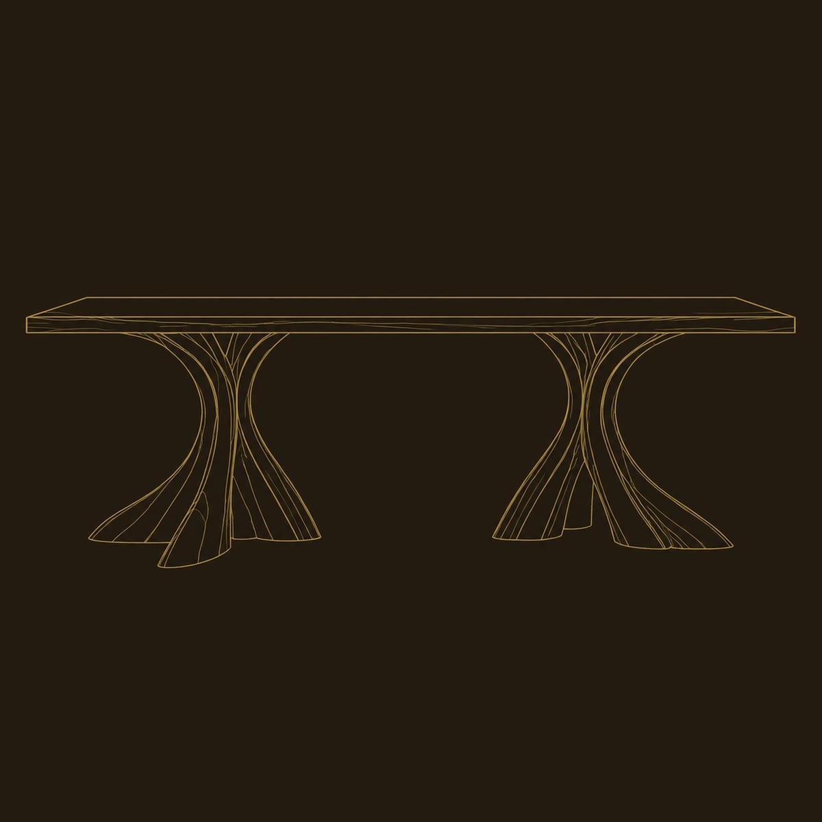 Twin Pedestal Dining Table With Flared Twisting Trunk Bases dimension diagram