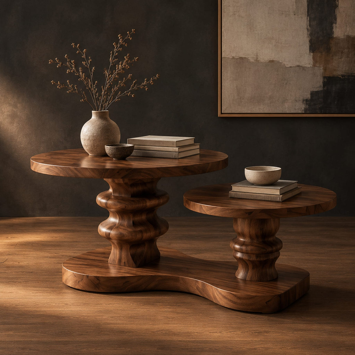 Coffee table with two round tops on carved stems and one shared base in a dark studio against a charcoal plaster wall