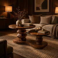Coffee table with two round tops on carved stems and one shared base in an evening living room with walnut wall paneling