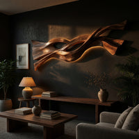Twin strand wooden wall art with an eye shaped opening above a low console in an evening living room