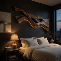 Twin strand wooden wall art with an eye shaped opening above a bed in a dusk lit bedroom