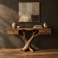 Console table with two small drawers on a twin trunk branching base in a dark studio against a charcoal plaster wall