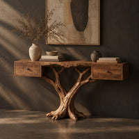Console table with two small drawers on a twin trunk branching base, three-quarter view showing the grain