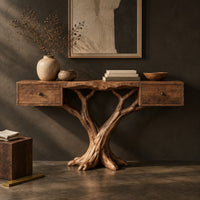 Corner detail of console table with two small drawers on a twin trunk branching base beside wood, brass and linen samples