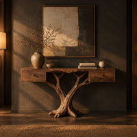 Console table with two small drawers on a twin trunk branching base in a dark entryway at golden hour