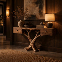 Console table with two small drawers on a twin trunk branching base in an evening entryway with walnut wall paneling