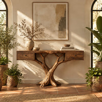 Console table with two small drawers on a twin trunk branching base in a bright entryway with arched windows and plants