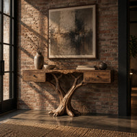 Console table with two small drawers on a twin trunk branching base in an industrial loft entryway with exposed brick