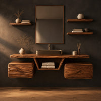 Floating wood vanity with a center niche and two wave carved boxes in a dark studio against a charcoal plaster wall