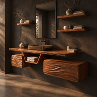 Floating wood vanity with a center niche and two wave carved boxes, three-quarter view showing the grain