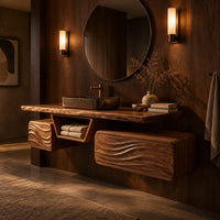 Floating wood vanity with a center niche and two wave carved boxes in an evening bathroom with walnut wall paneling