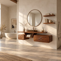 Floating wood vanity with a center niche and two wave carved boxes in a bright open plan bathroom