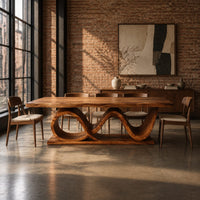 Dining table with a slab top on a twin wave ribbon base in an industrial loft dining room with exposed brick
