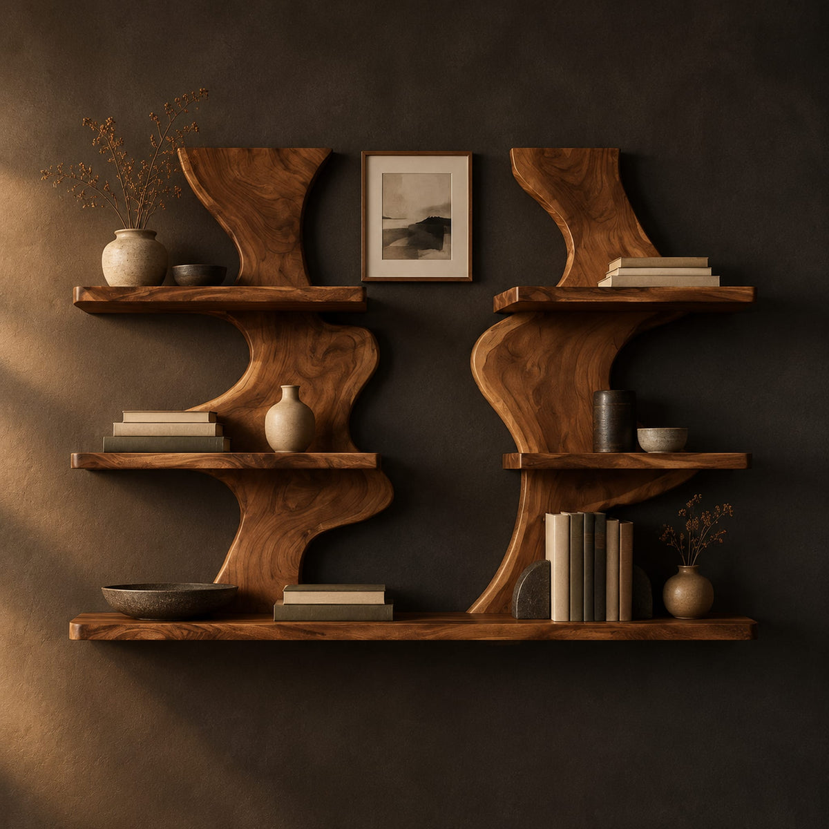 Pair of wavy wood wall shelves with three open shelf levels in a dark studio against a charcoal plaster wall