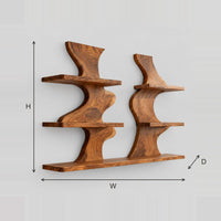 Twin Wavy Panel Wall Shelves With Three Open Levels dimension diagram with width, height and depth