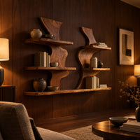 Pair of wavy wood wall shelves with three open shelf levels in an evening living room with walnut wall paneling