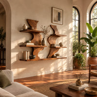 Pair of wavy wood wall shelves with three open shelf levels in a bright living room with arched windows and plants
