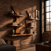Pair of wavy wood wall shelves with three open shelf levels in an industrial loft living room with exposed brick