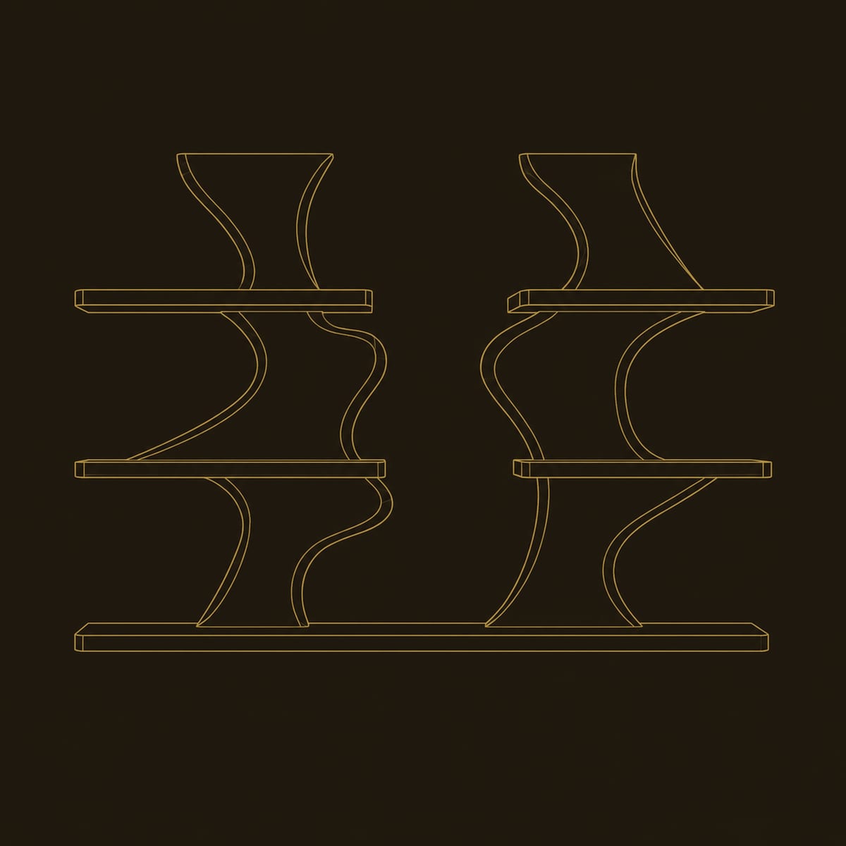 Twin Wavy Panel Wall Shelves With Three Open Levels dimension diagram
