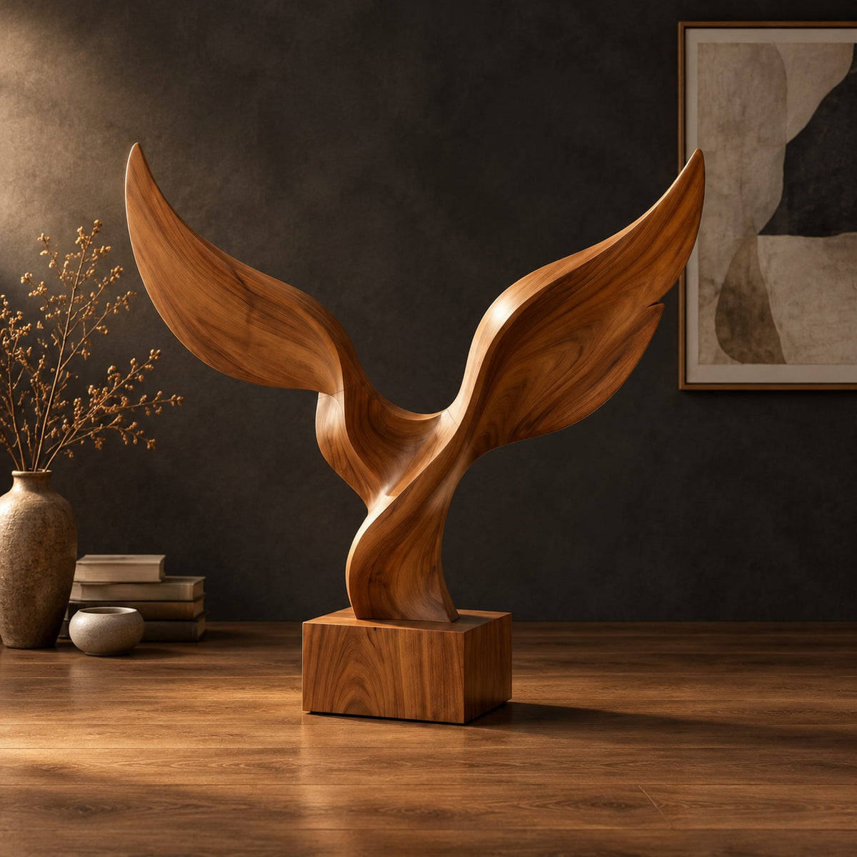 Twin wing sculpture with swept tips rising from a square wooden block in a dark studio against a charcoal plaster wall