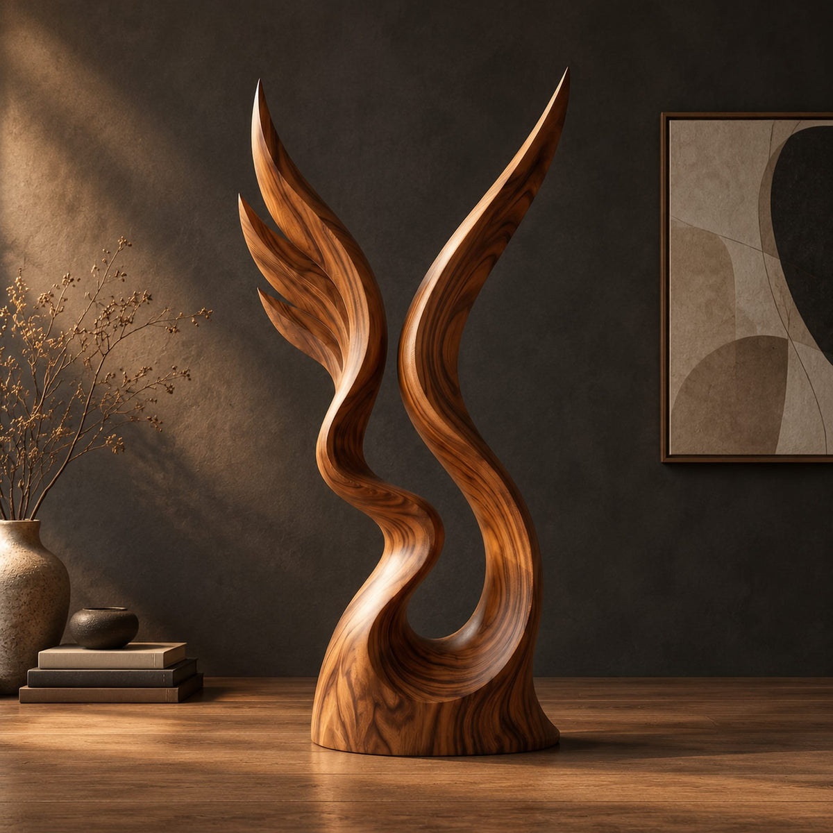 Twin wing sculpture rising from one swirled base to two sharp tips in a dark studio against a charcoal plaster wall
