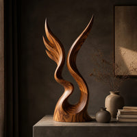 Twin wing sculpture rising from one swirled base to two sharp tips, three-quarter view showing the grain