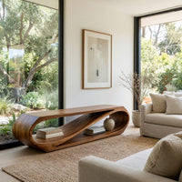 Twist loop TV console with a diagonal inner sweep in a bright modern living room