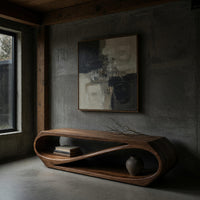 Twist loop TV console with a diagonal inner sweep in a concrete and timber loft