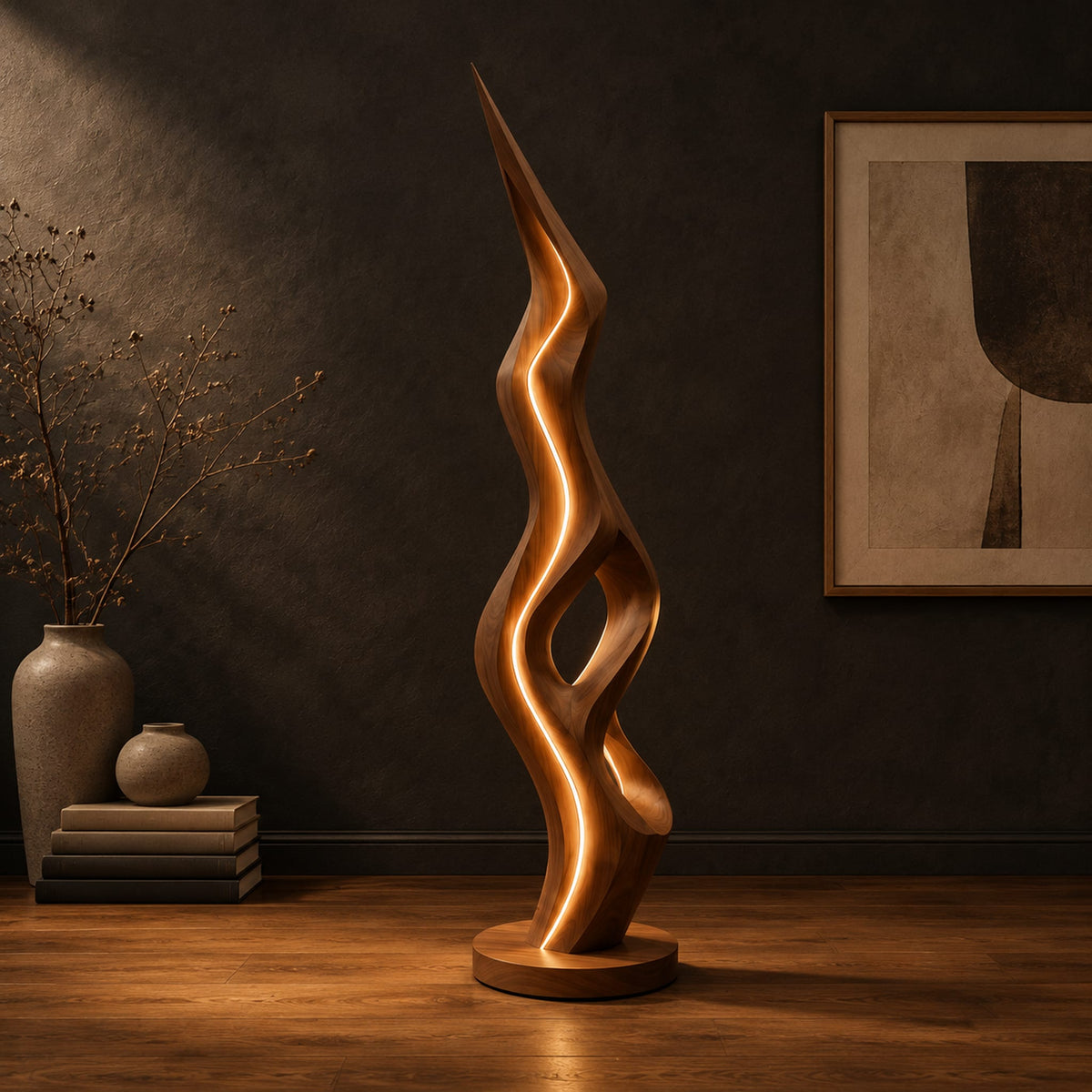Tall floor lamp with a pointed tip, open twisting body and glowing edges in a dark studio against a charcoal plaster wall