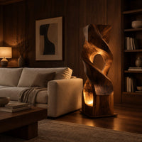 Twisted wooden block floor lamp with an oval window and glowing base opening in an evening living room with walnut wall paneling